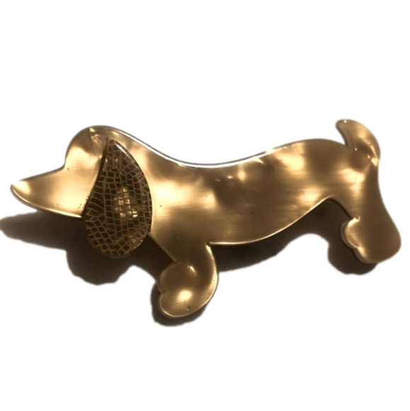 VTG Lea Stein Paris France Yellow Cellulose Doxie Dachshund Dog Brooch - Picture 1 of 6